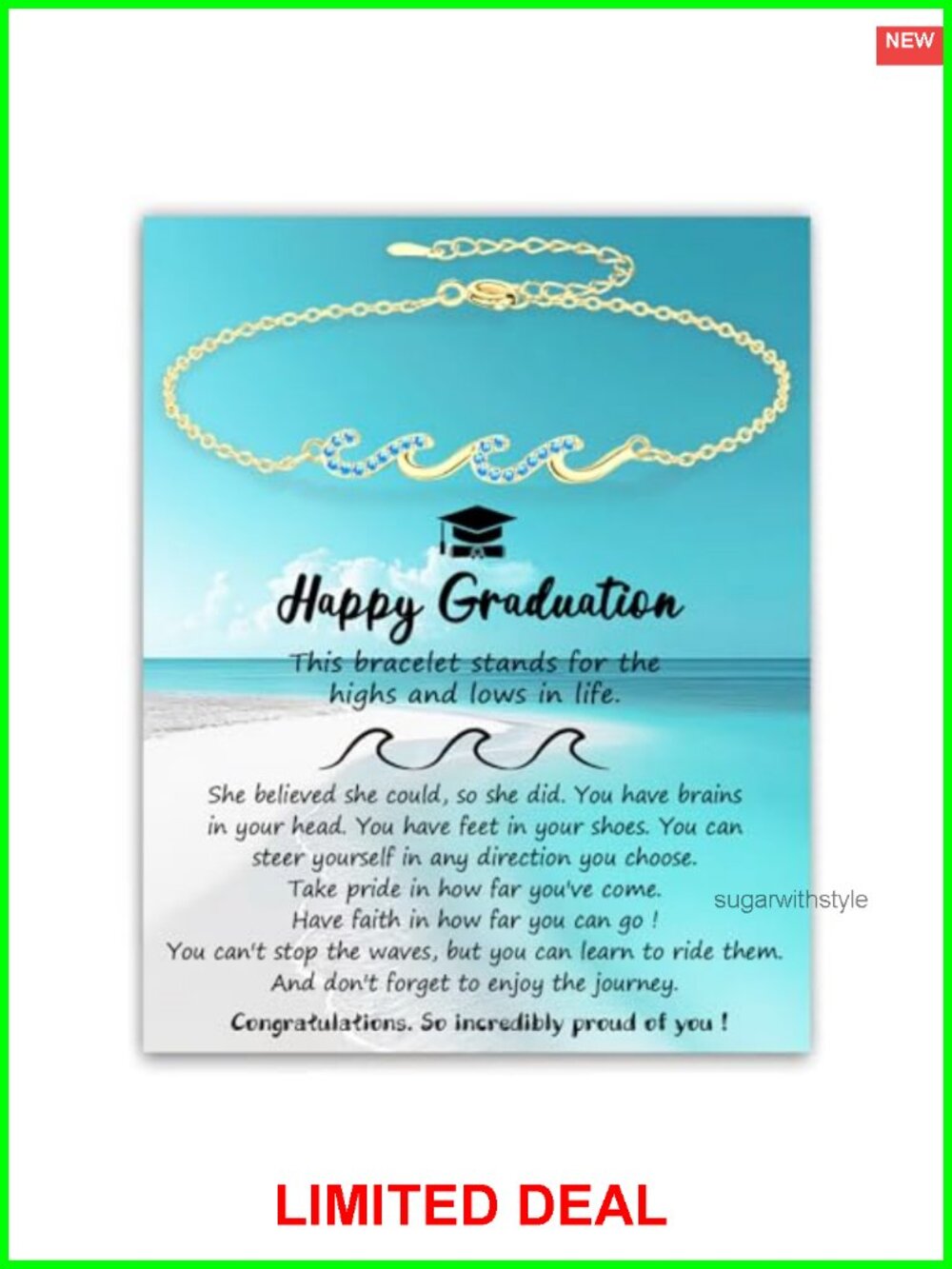 White Gold Plated CZ Wave Link Bracelet Adjustable Graduation Gift Beaded